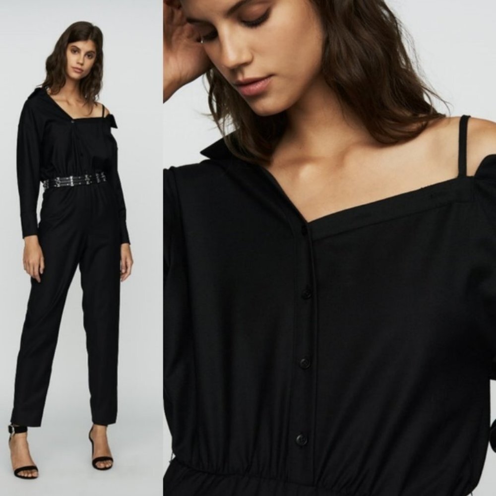 Nwt Maje Paris Jumpsuit Cold Shoulder Size 34 Or Xs Black Pockets Minimalist New